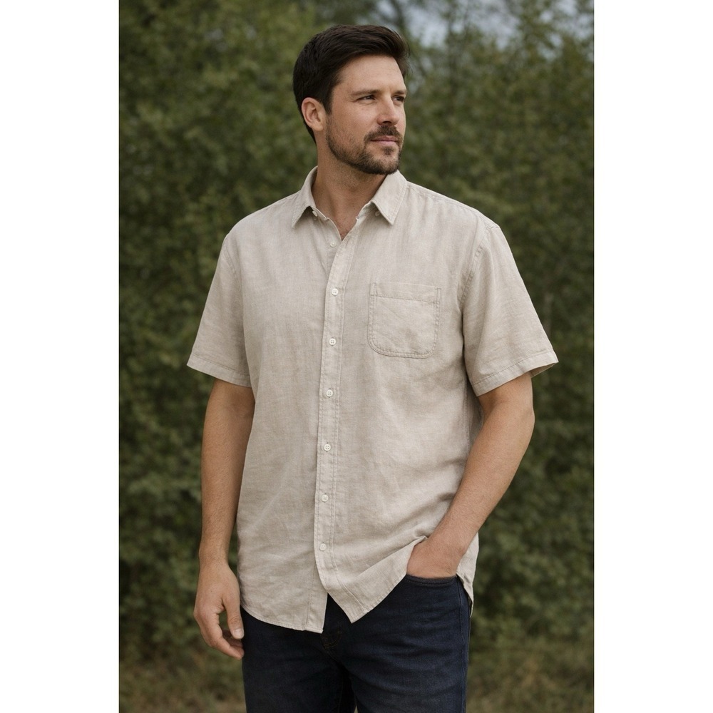 Old Navy Men's XL Beige Linen Blend Short Sleeve Button Down Shirt Pocket Collar